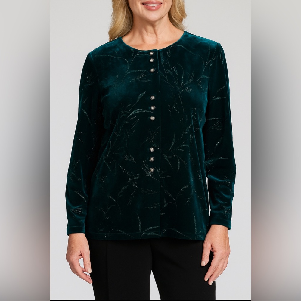 NWOT R&M Richards Teal Velvet Blouse – Leaf Design, Dressy Top (Size M)
